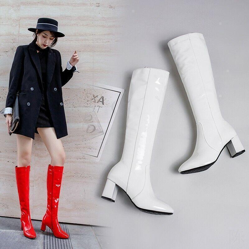 Chic Womens Casual Side Zip Faux Leather Mid Heels Riding Knight Knee High Boots