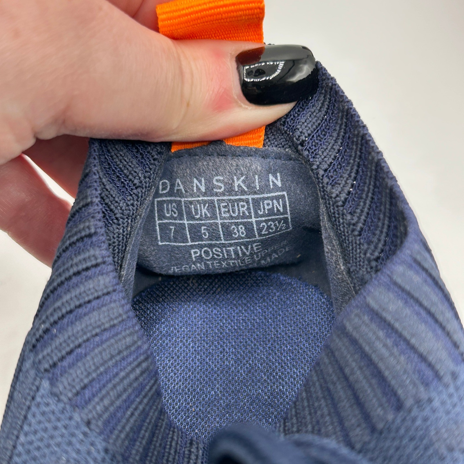 Danskin Positive Womens 7 Navy Blue Orange Neon Knit Vegan Athletic Sneakers