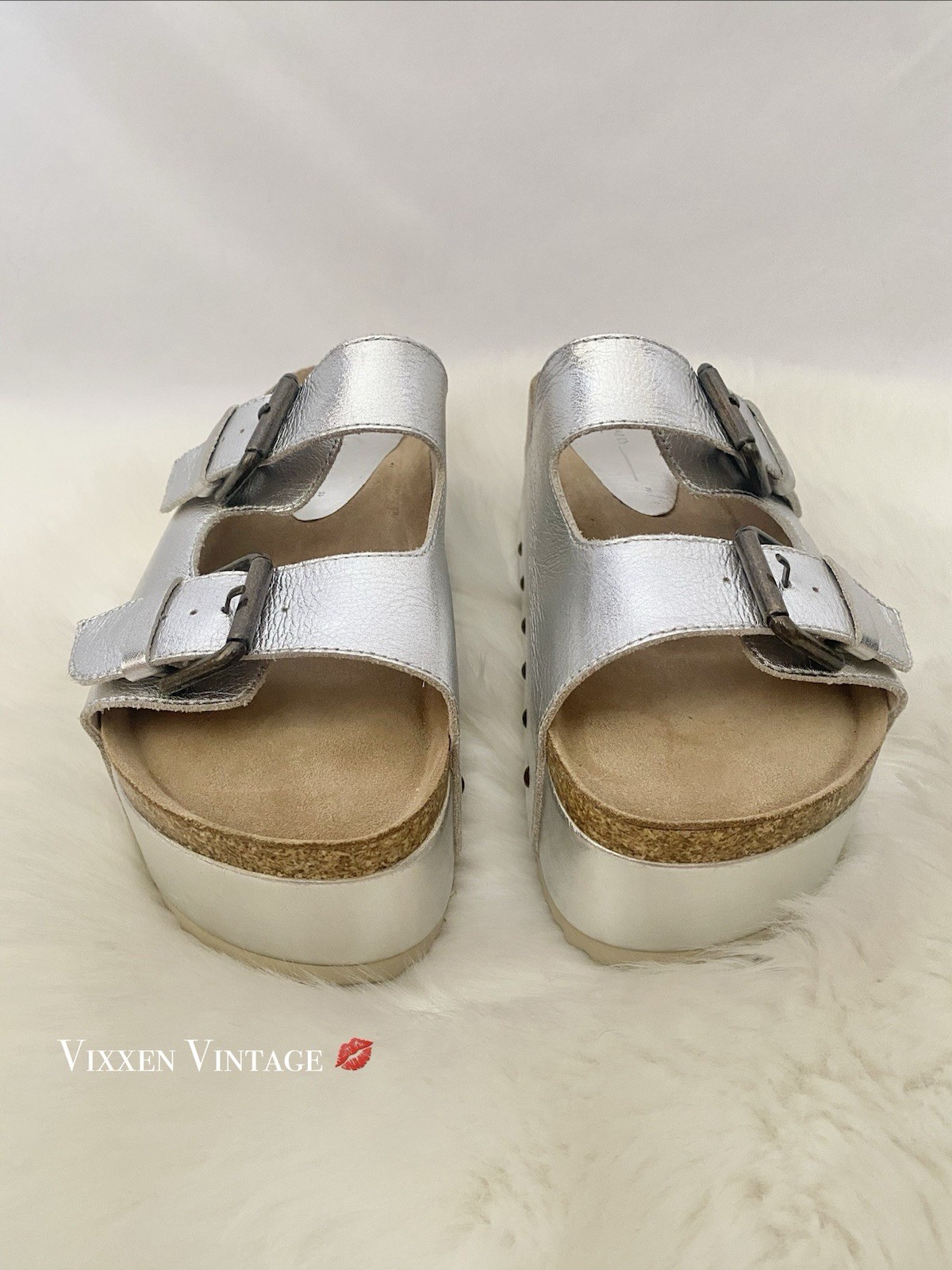 FREE PEOPLE X INTENTIONALLY BLANK ‘RULE BREAKER FLATFORM SANDALS’ IN SILVER $210