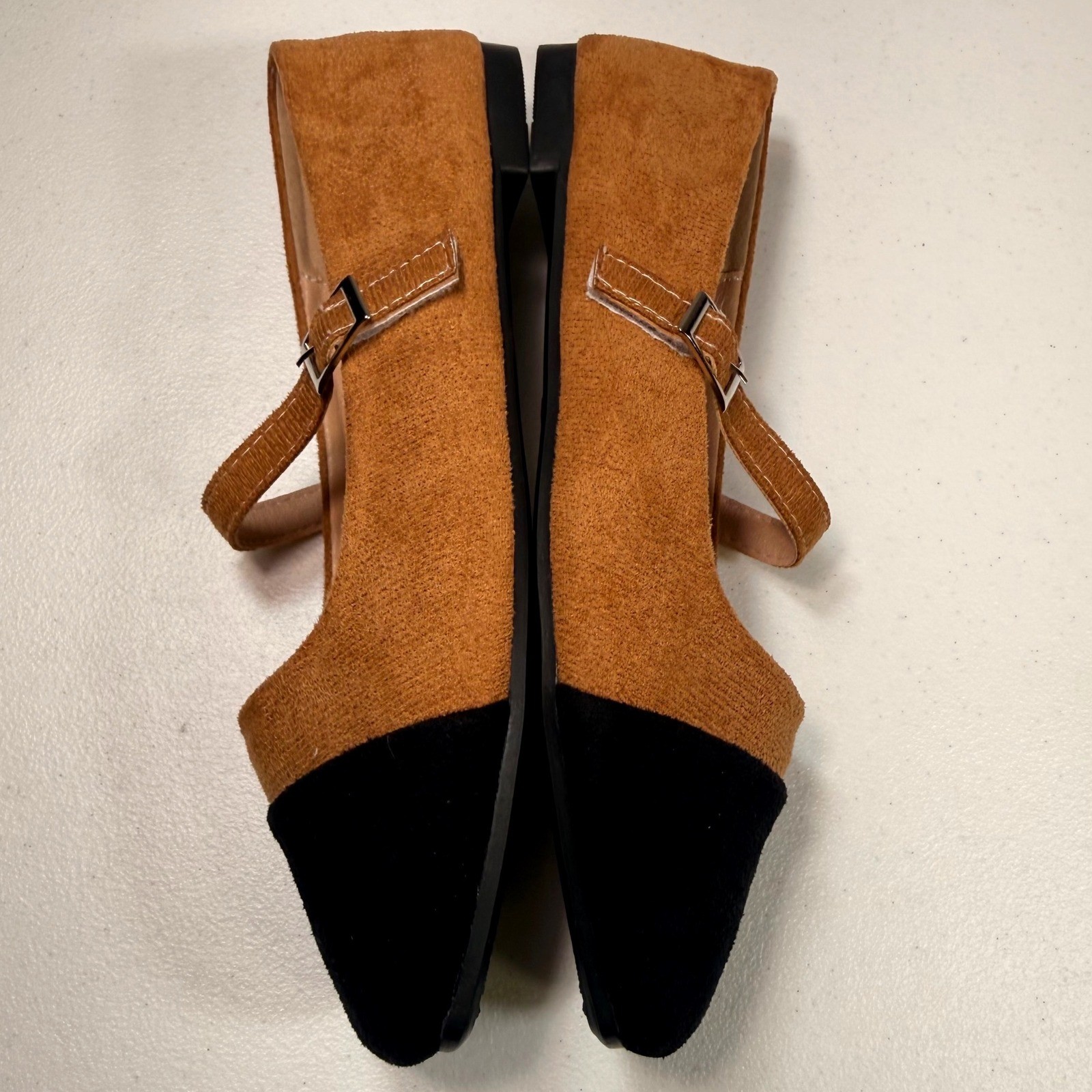Two Tone Mary Jane Flats Cognac Black Cap Toe Square Toe Buckle Shoes Size 38