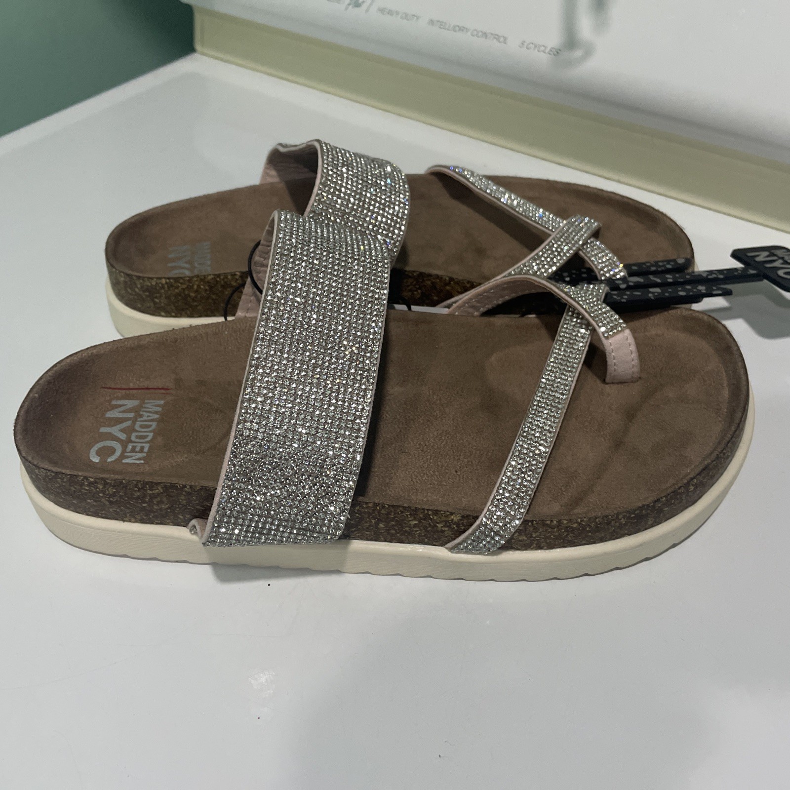 Madden NYC Women’s Embellished Rhinestone Footbed Sandals Silver Sz 8 Wide Width