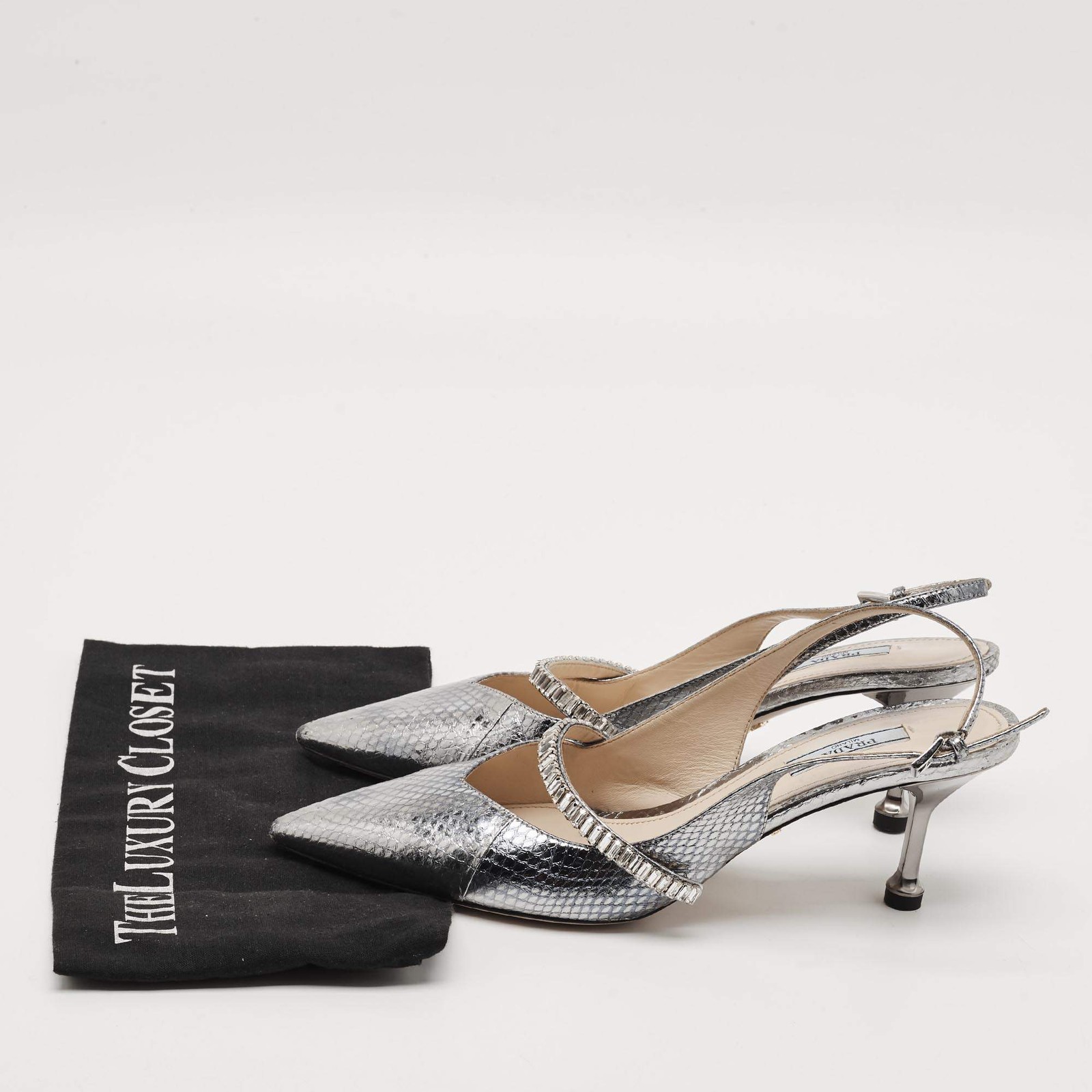 Prada Size 39 Metallic Silver Snakeskin Embossed Leather Crystal Embellished