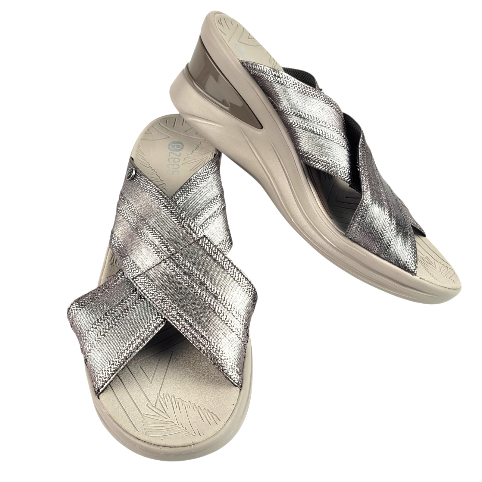 Bzees Vista Sandals Women’s 11M Silver X Band Wedge Slide Comfort Summer Casual