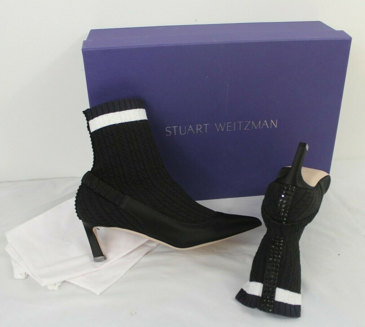 Stuart Weitzman Black Bling Rhinestone Silk Satin Sock Pump Bootie Women’s 37/ 7