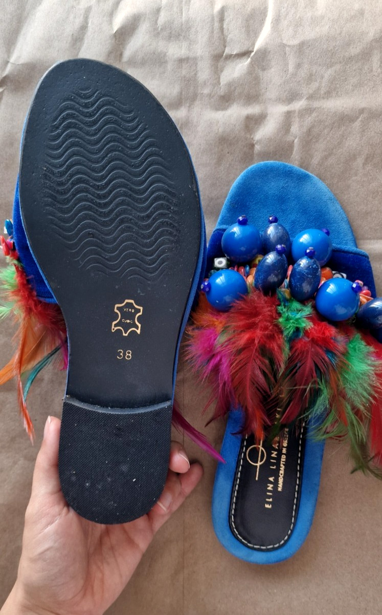 Elina Linardaki Blue Suede Feather Beaded Slide Sandals Handcrafted Greece EU 38