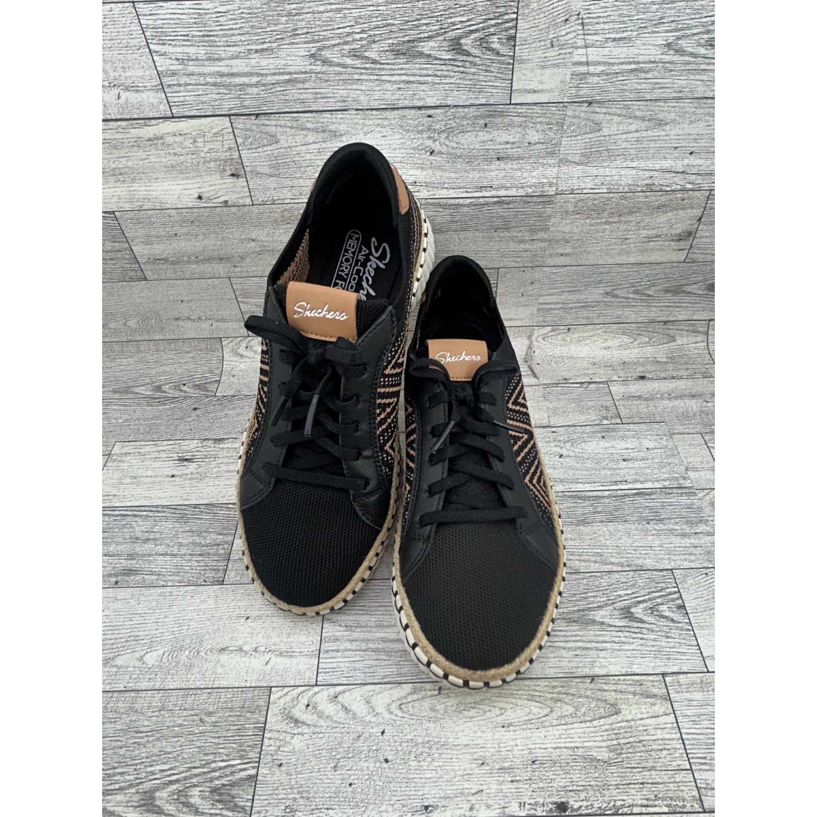 Skechers BOBS B Cute Black Tan Geometric Espadrille Sneakers 100716 Women Sz 7.5