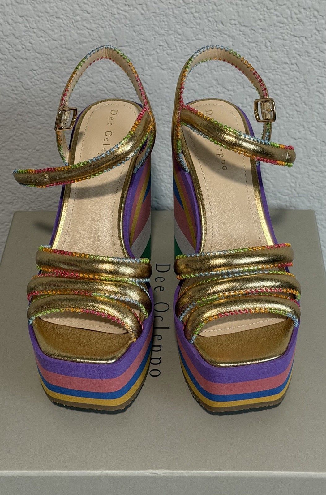 Dee Ocleppo Multicolor/Gold Striped Leather Platform Sandals Ankle Strap 6