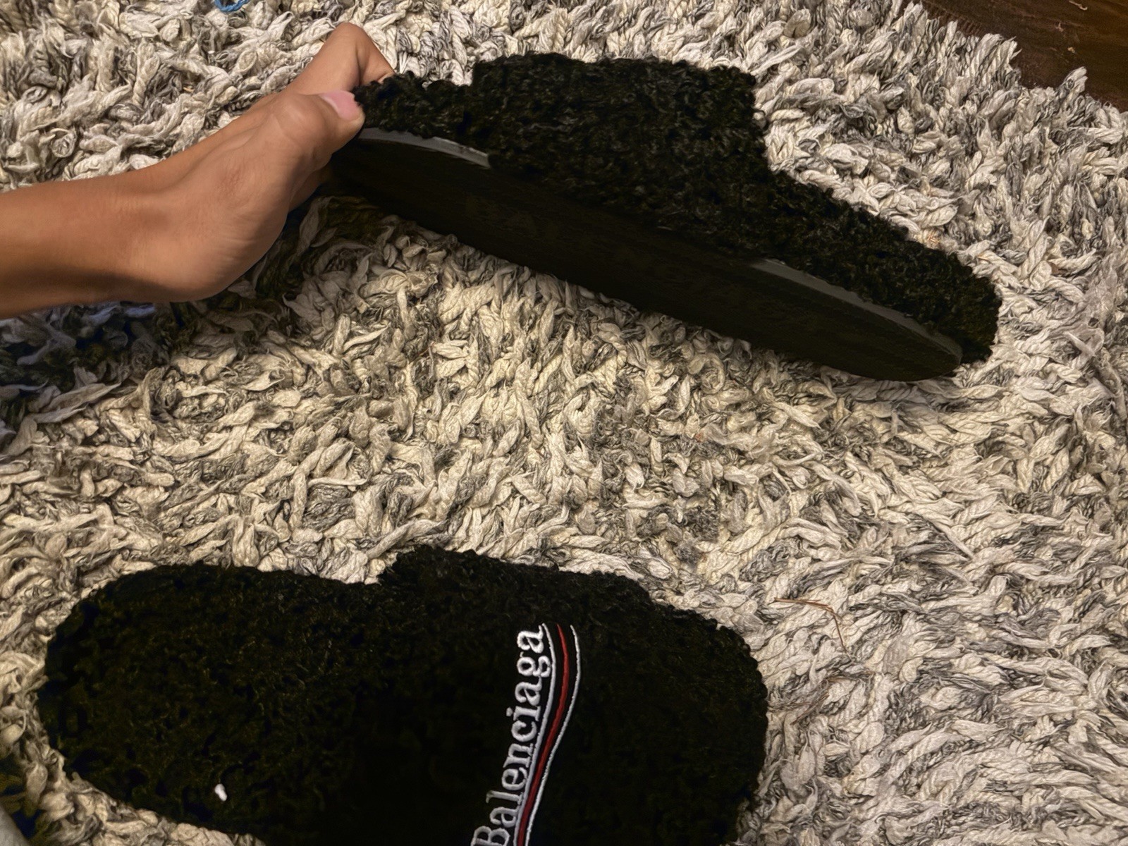 Balenciaga Black Logo Faux Fur Slip-On Slide Sandals EU 44 US 11