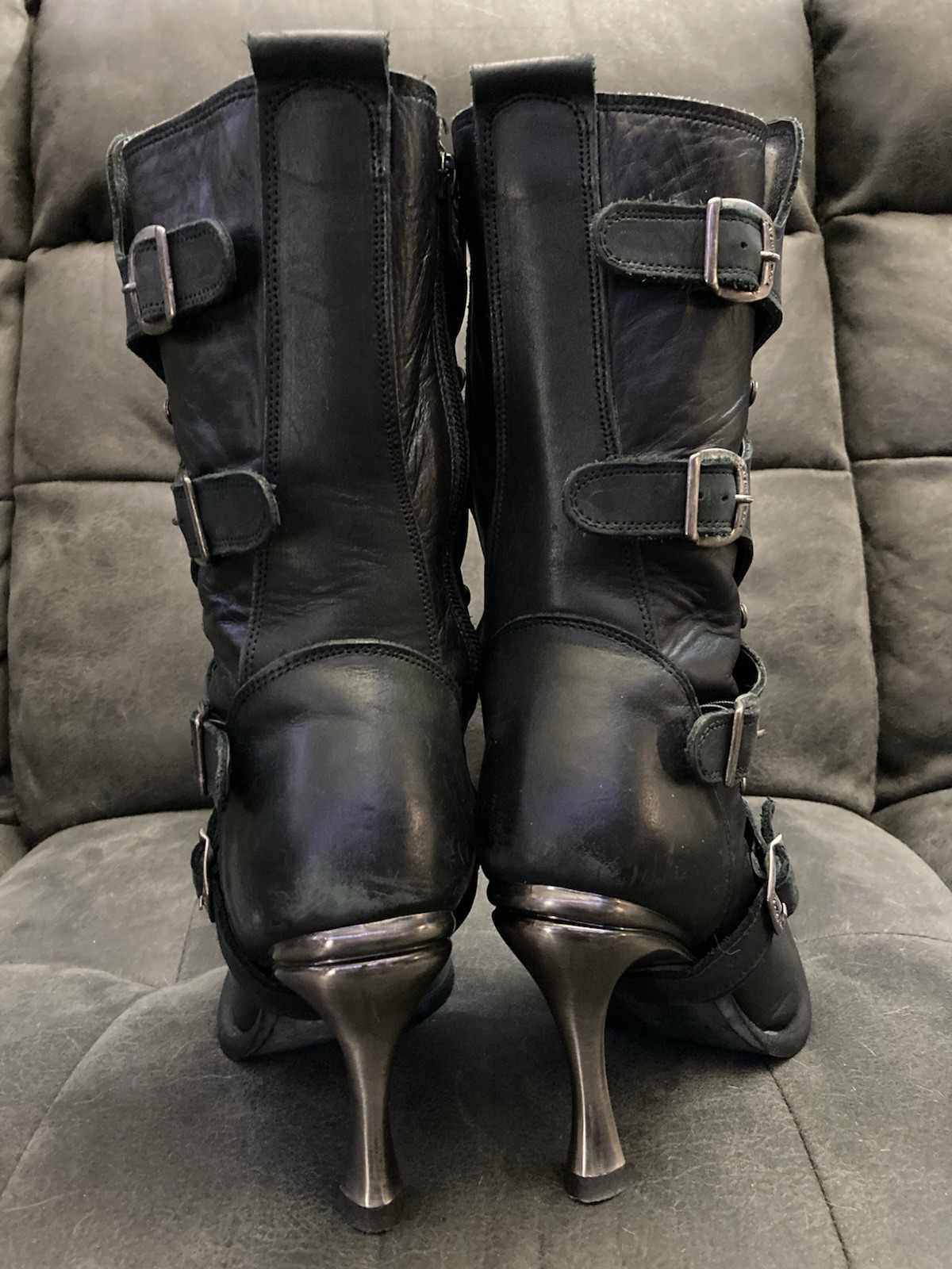 New Rock Black Leather Biker Mid-Calf Boots Buckles Lace-Up Women EU 38