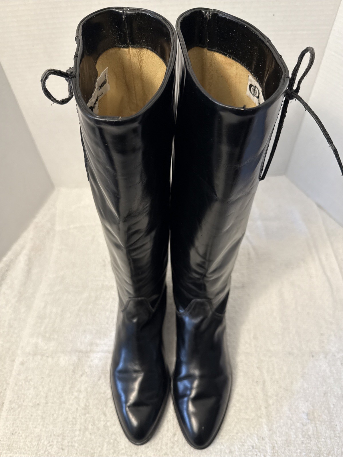 Charles David Womens Tall Metallic Black Leather Boots Tie Detail Sz 8.5AA Italy