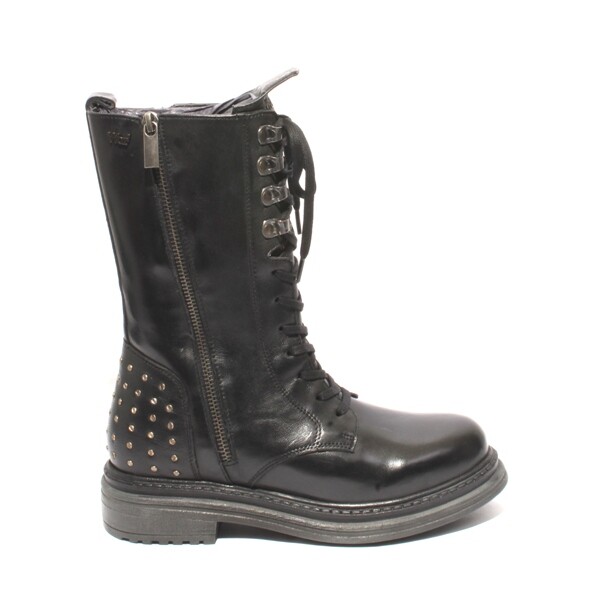 WOz 2226 Black Leather Lace-Up Zip-Up Studded Platform High Boots 40 / US 10
