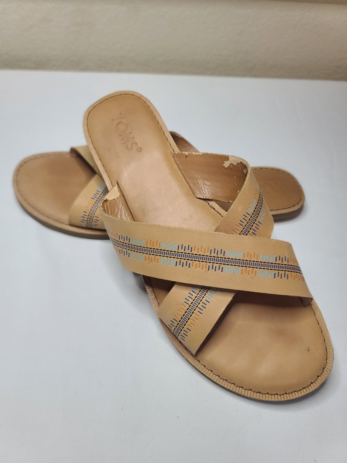 TOMS Women’s Crisscross Slide Sandals Tan Leather Size 10