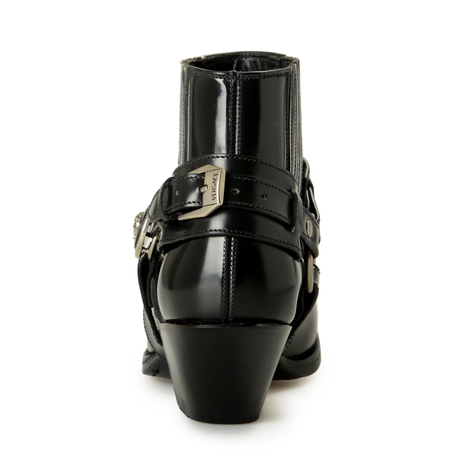Versace Women’s Black Leather Silver Medusa Heeled Booties Shoes US 6 IT 36