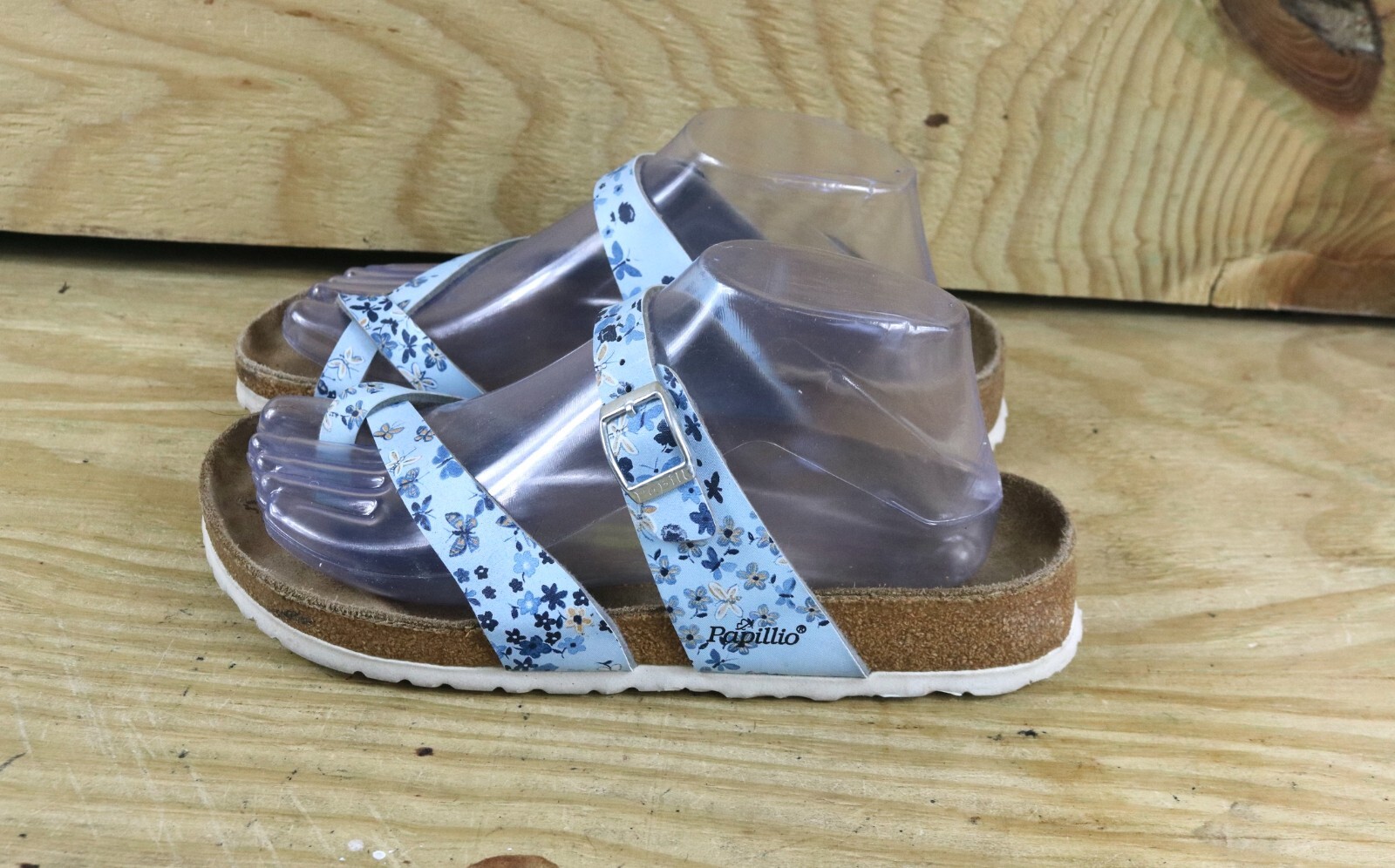 Birkenstock Papillio Sandals Womens L7 Blue Floral Leather Tabora Slides