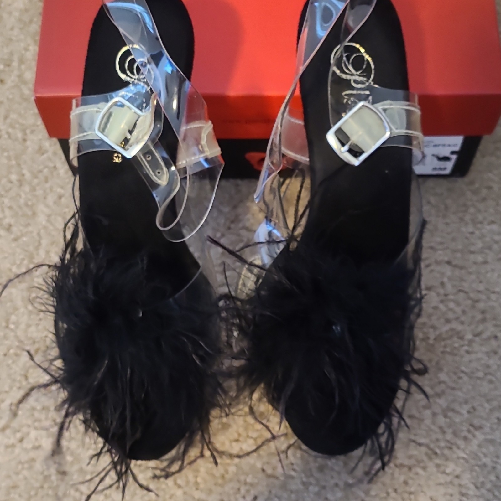 Pleaser Clear/Black Platform Stiletto Ankle Strap Feather Heels US 8