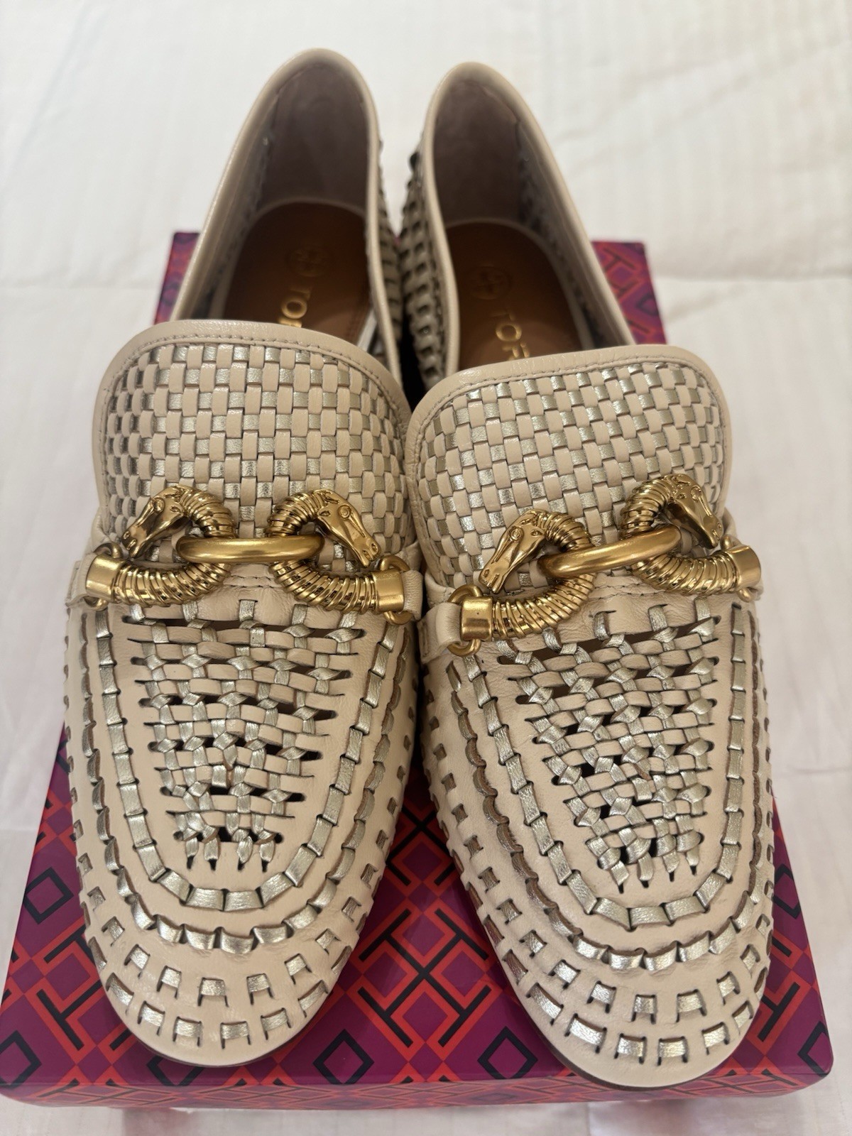TORY BURCH JESSA WOVEN LOAFER LEATHER Flats Beige Gold Women’s Size 7.5