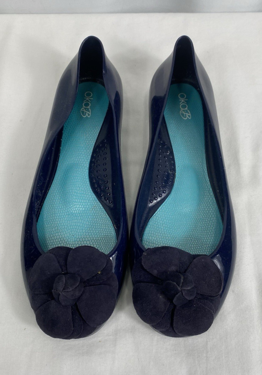 Oka B Flats Women Size 8 Jelly Shiny Blue With Flower Ballet Slip On Rubber