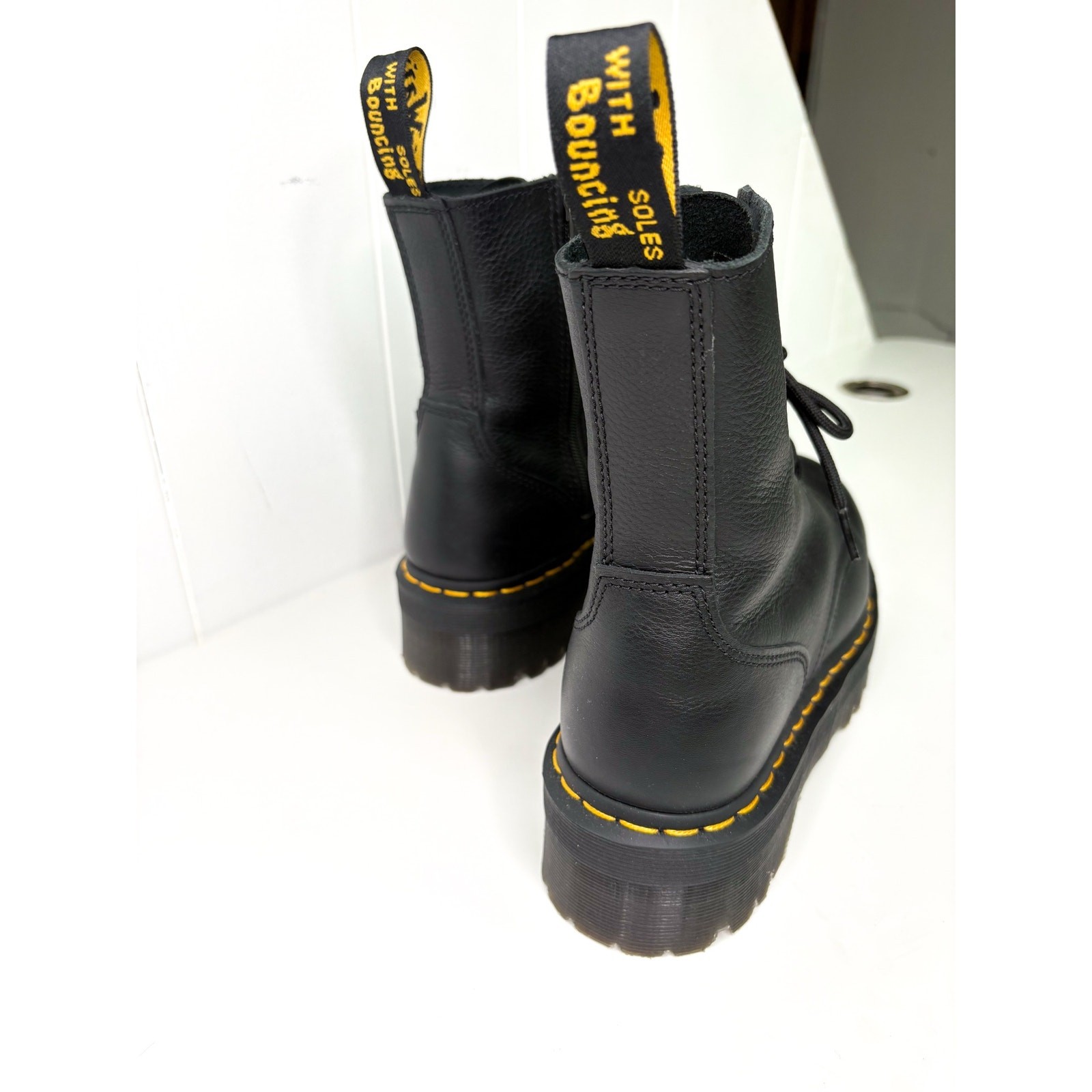 Dr. Martens Jadon III Platform Combat Boots Black Pima Leather Womens 10 Mens 9
