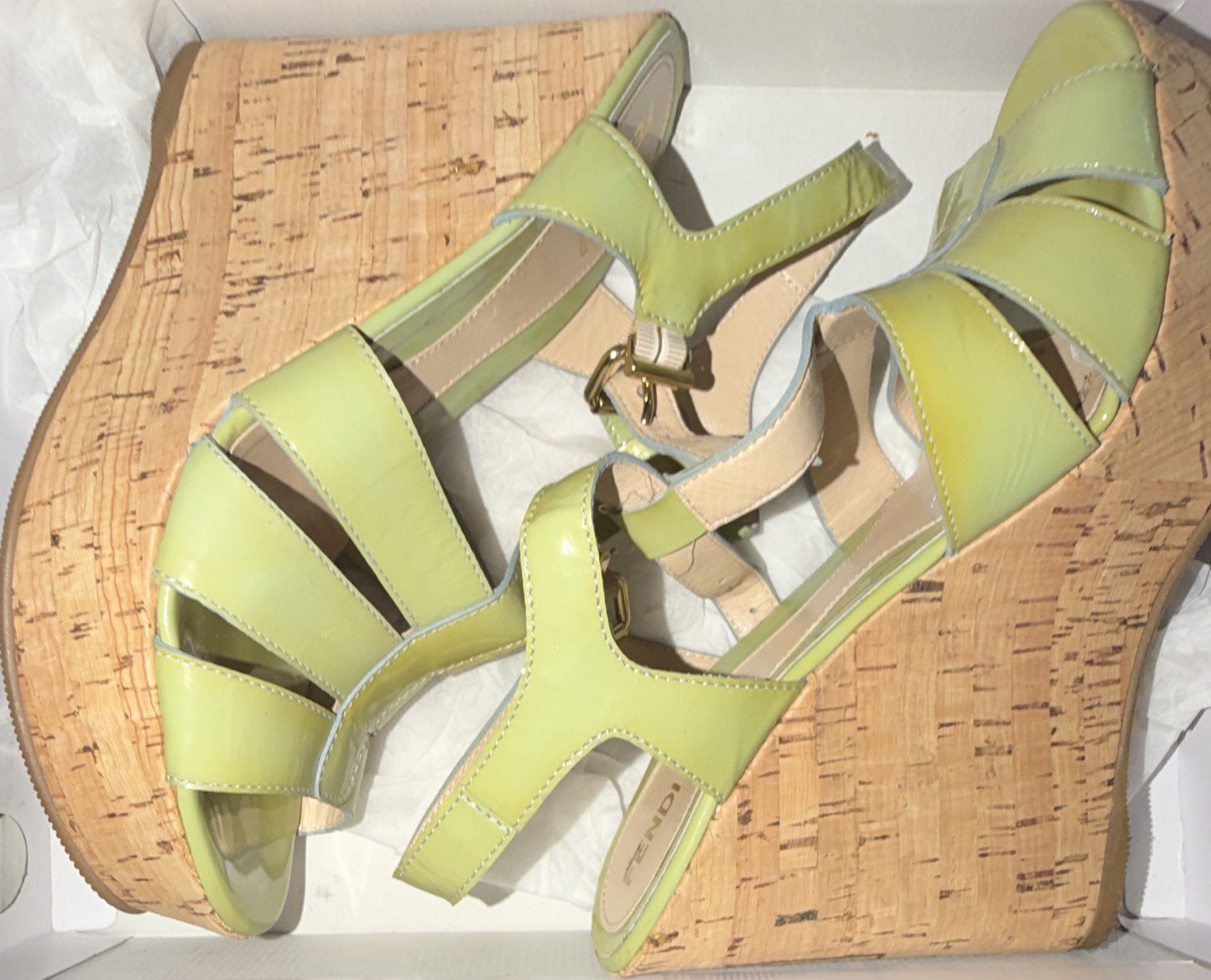 Fendi Green Logo Cork Wedges Ankle Strap Buckle Womens Size Italy-40 W US 9-9.5