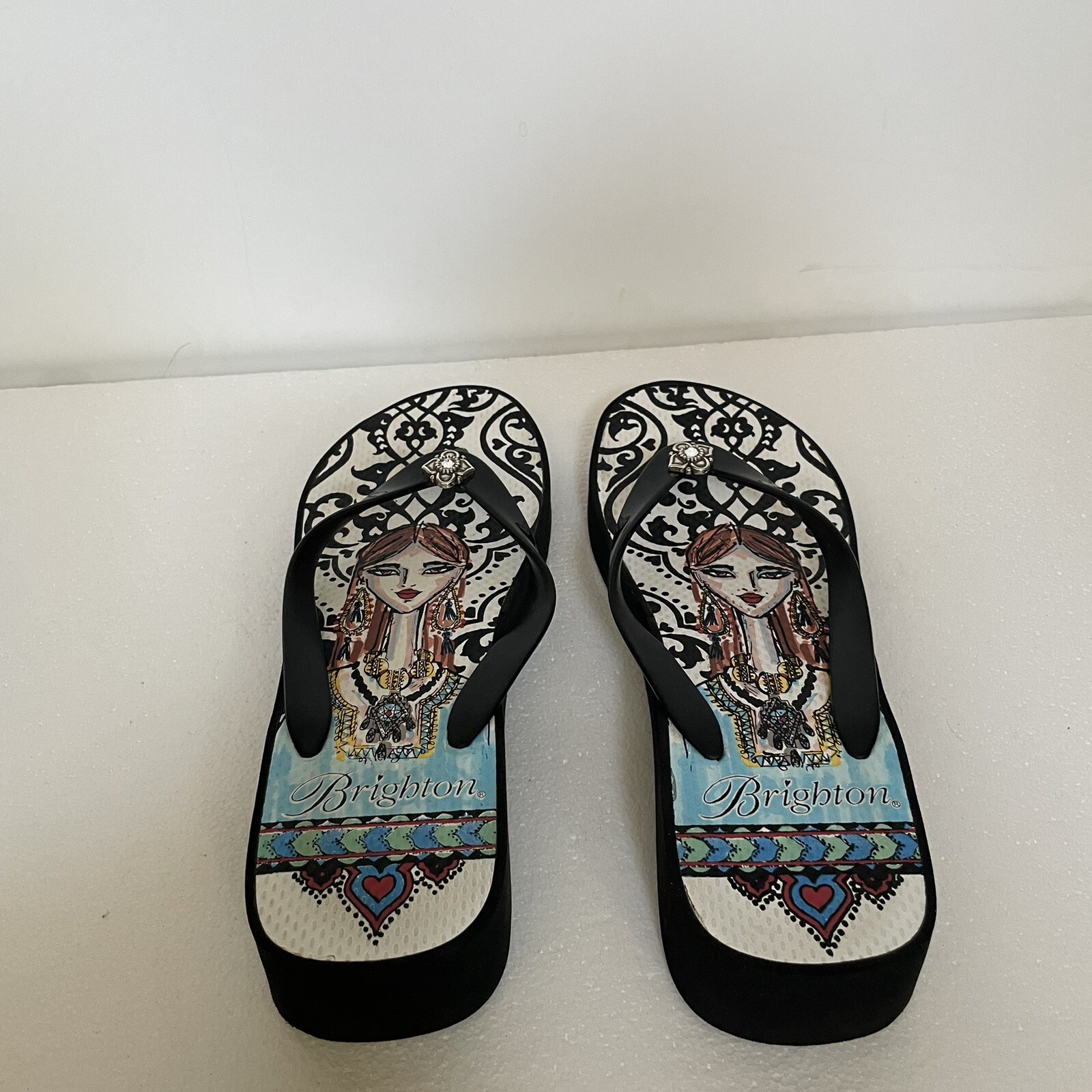 Brighton Flip Flops Wedge Thong Womens Size 10 Black White Blue rhinestone Lady