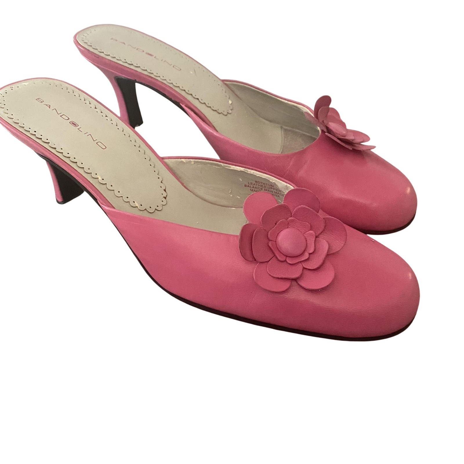 Bandolino Mule Heels Womens Size 10 Pink Leather Flower Cone High Heel Dressy