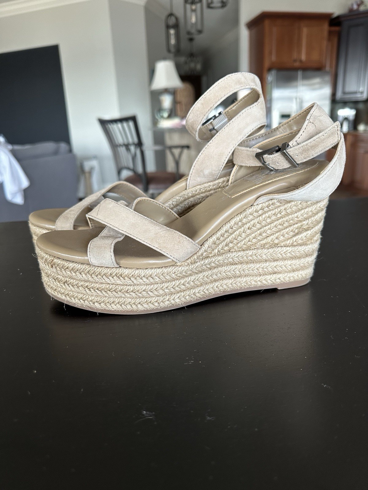 Vince Camuto Beige Suede Espadrille Platform Wedge Sandal Ankle Strap 7.5