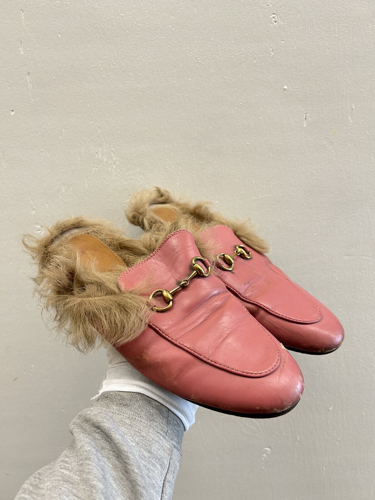 Auth GUCCI WMNs Dark Pink Leather Princetown Horsebit Mule Fur Loafers 8US 38 EU