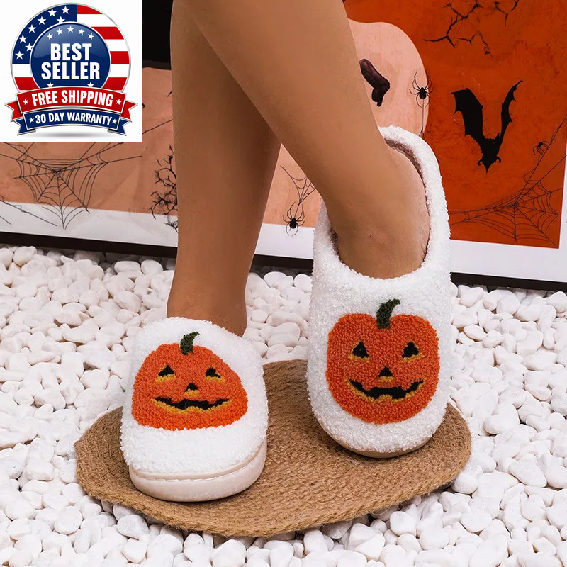 Cozy Halloween Pumpkin Slippers Women Soft Plush Non Slip Indoor Cotton Slides W
