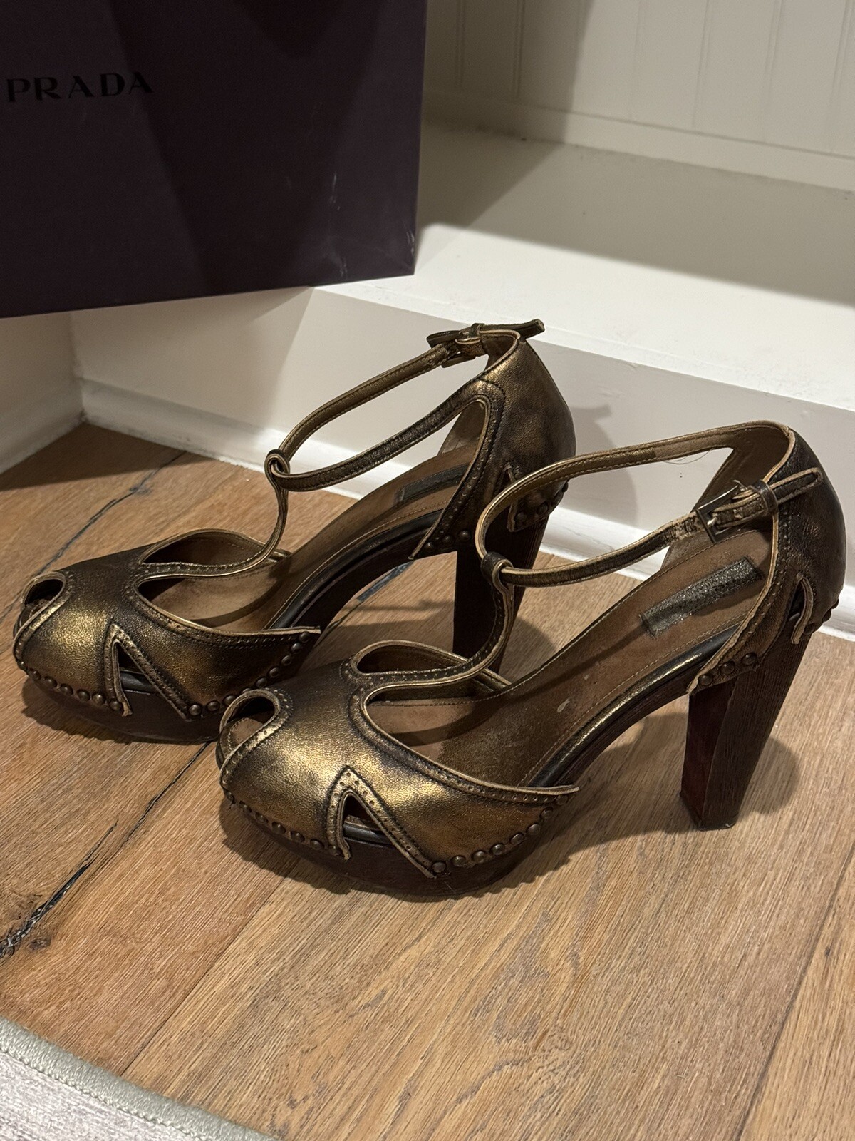 PRADA Bronze T-strap Heels