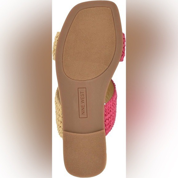 Nine West Quara Sandals Size 8 Pink Natural Woven Raffia Slide Flat Square Toe