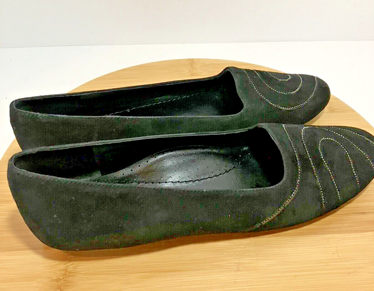 VANELI Womens SZ 10 SLIM Black Suede Leather Beaded Swirl Pattern Ballet Flats