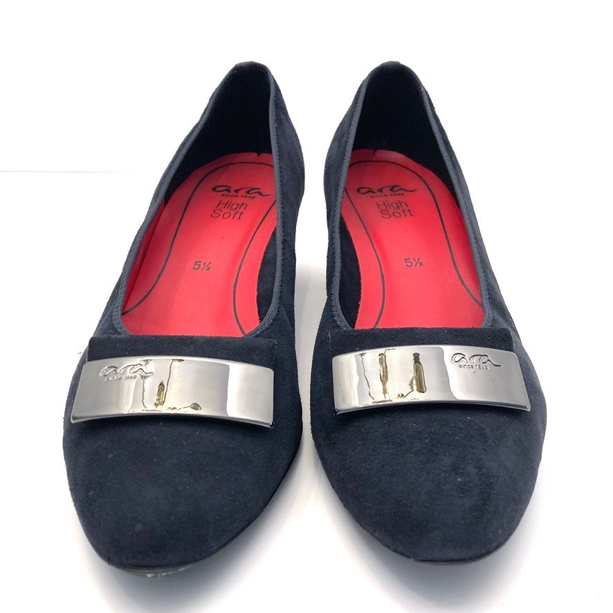 Ara Suede Leather Pumps High Soft Navy Blue Womens 5.5 2″ Block Heel