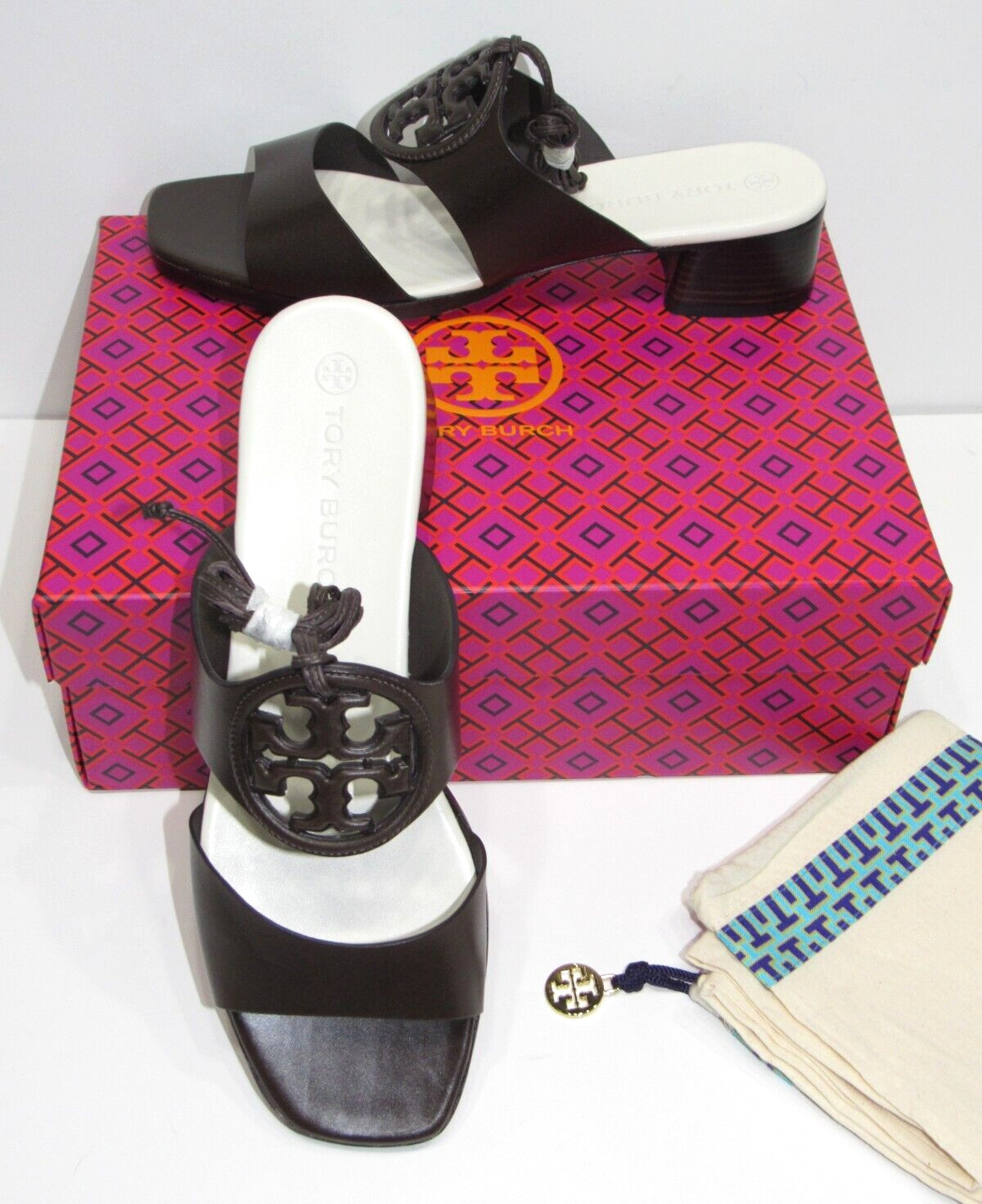 $348 Tory Burch Bombe Miller Brown Leather Ankle Tie/Slide Heel Sandal size 9.5