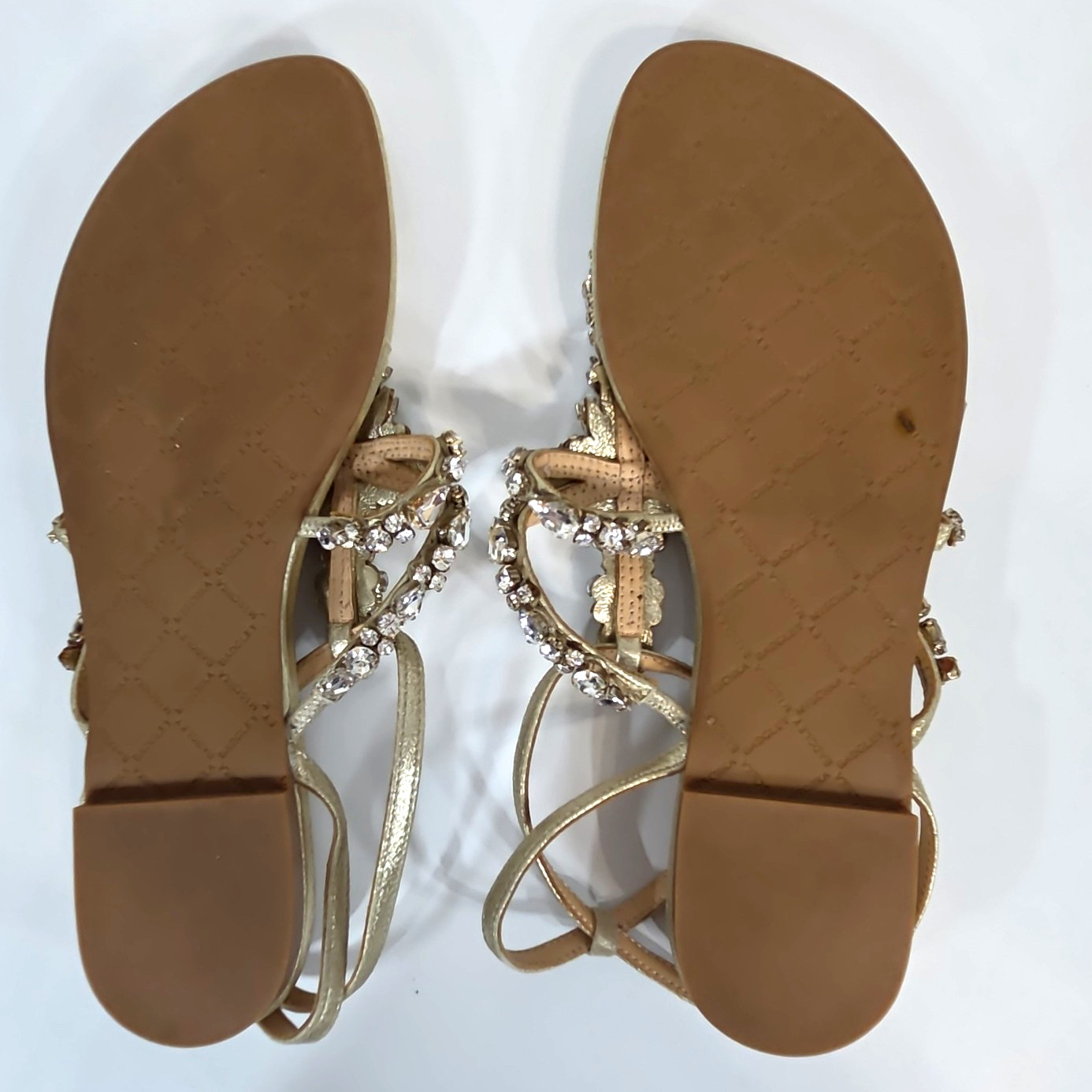 Badgley Mischka Hampden Leather Crystal Embellished Thong Sandals Gold Sz 7.5 M