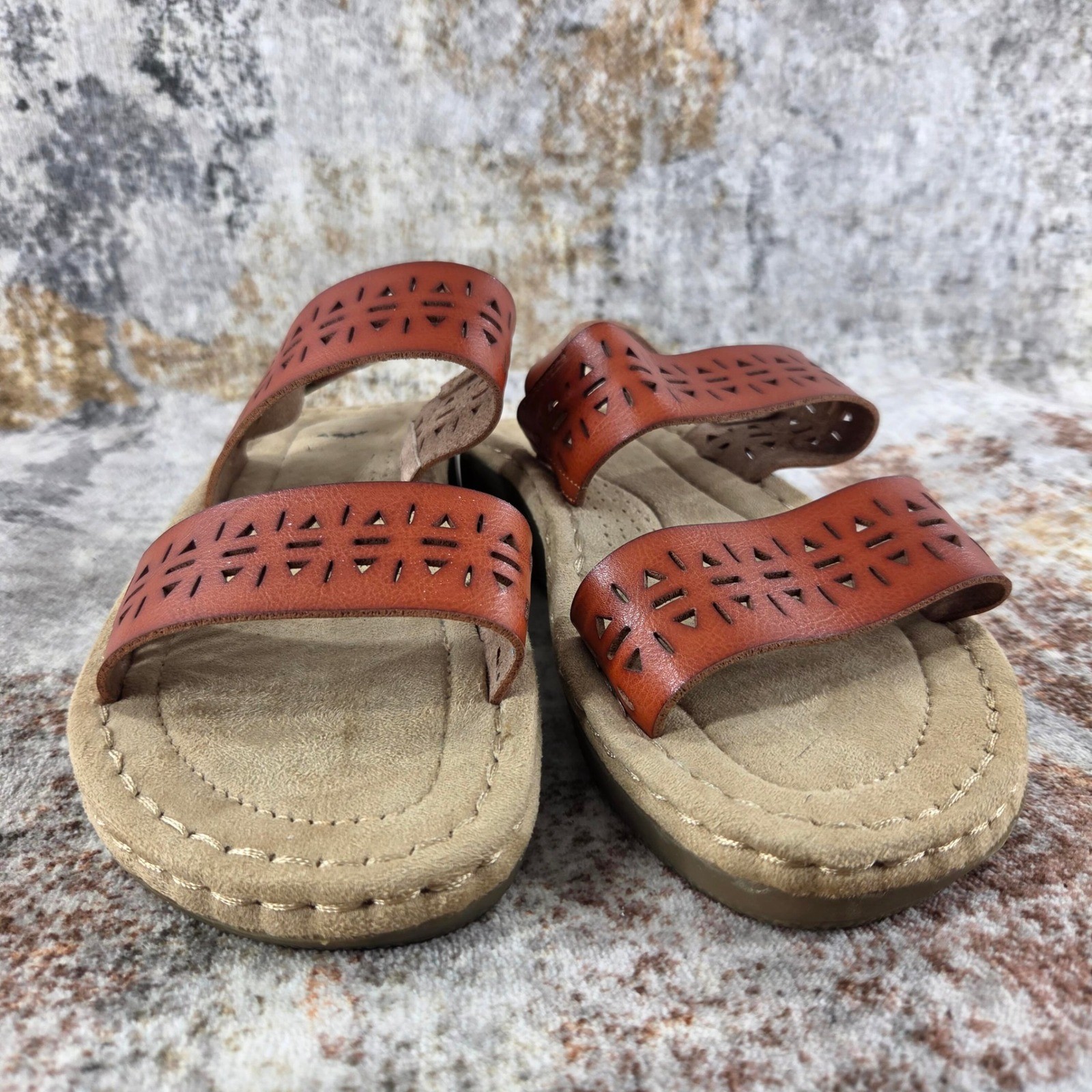 Earth Spirit Wedge Sandals Women 9.5 Cognac Brown Laser Cutout Summer Boho Beach