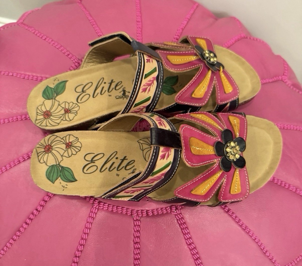 Elite By Corkys Size 7 Women’s Black/Pink Flower Leather Sandals. NWOB