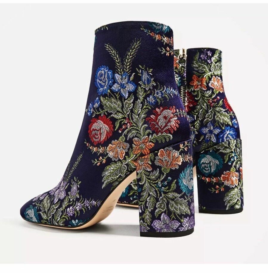 NEW Zara Jacquard Embroidered Ankle Boots Navy Blue Floral Heels Shoes 36 USA 6