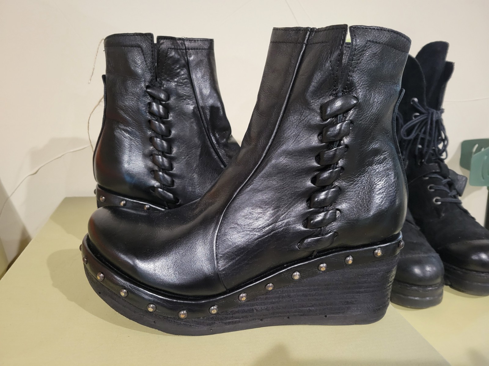Women’s A.S.98 Joleen Black Leather Studded Wedge Ankle Boots Zip US 8.5