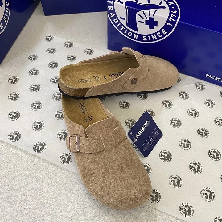 Birkenstock Boston Taupe Suede Leather Soft Footbed Unisex Clog Shoes