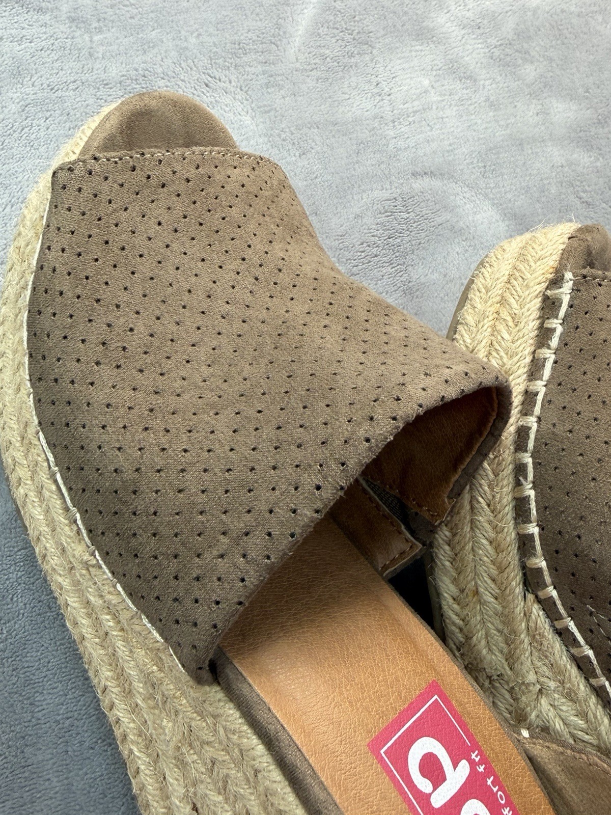 POP Women’s Taupe Suede Espadrille Wedge Sandals Perforated Ankle Strap