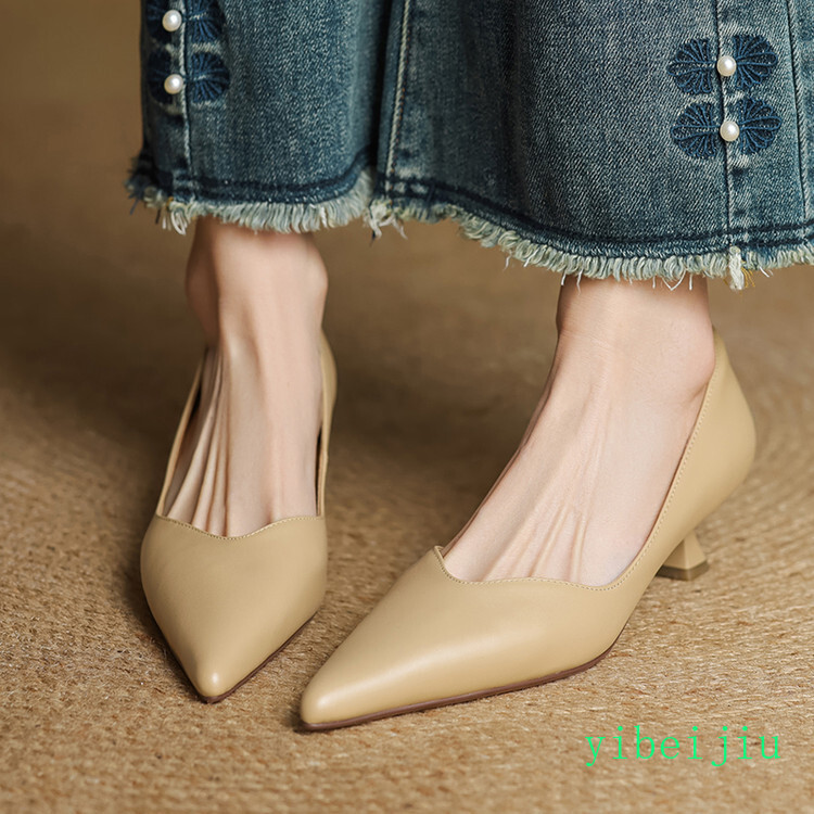 Women’s 100% Real Leather Low Kitten Heel Classic Dress Shoes Casual Office Lady