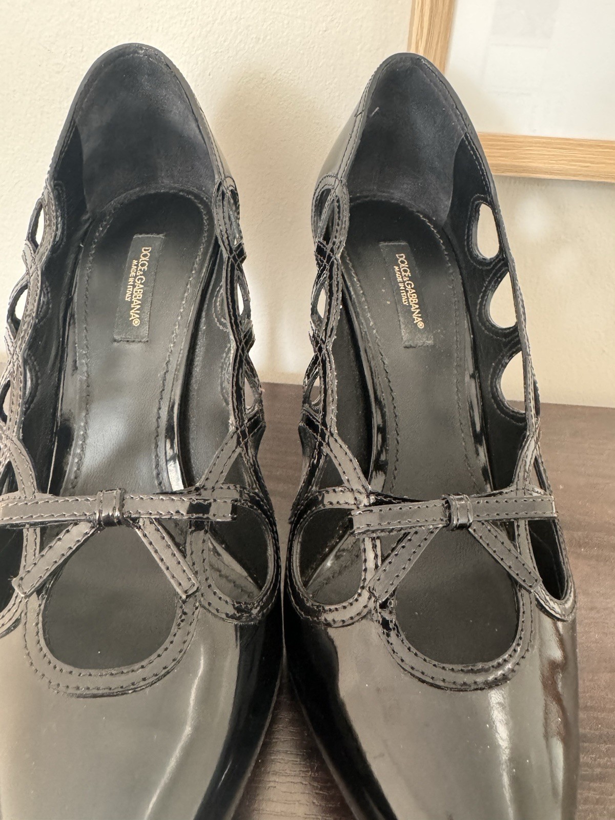 Dolce&Gabbana Black Patent Leather Cut-Out Lace-Up Pointed Toe Stiletto Pumps 7
