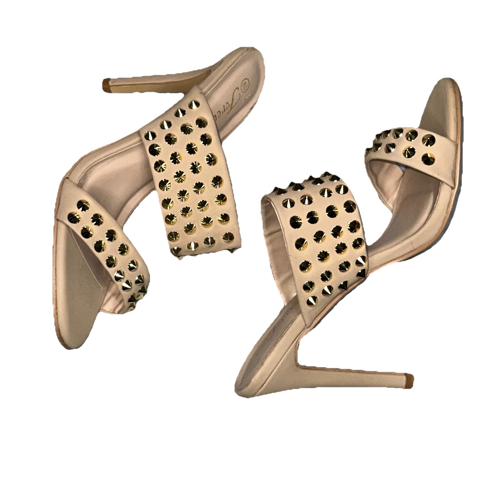 Forever Women’s 8.5 Beige Stiletto Heeled Sandals Gold Studs Edgy Elegant Classy