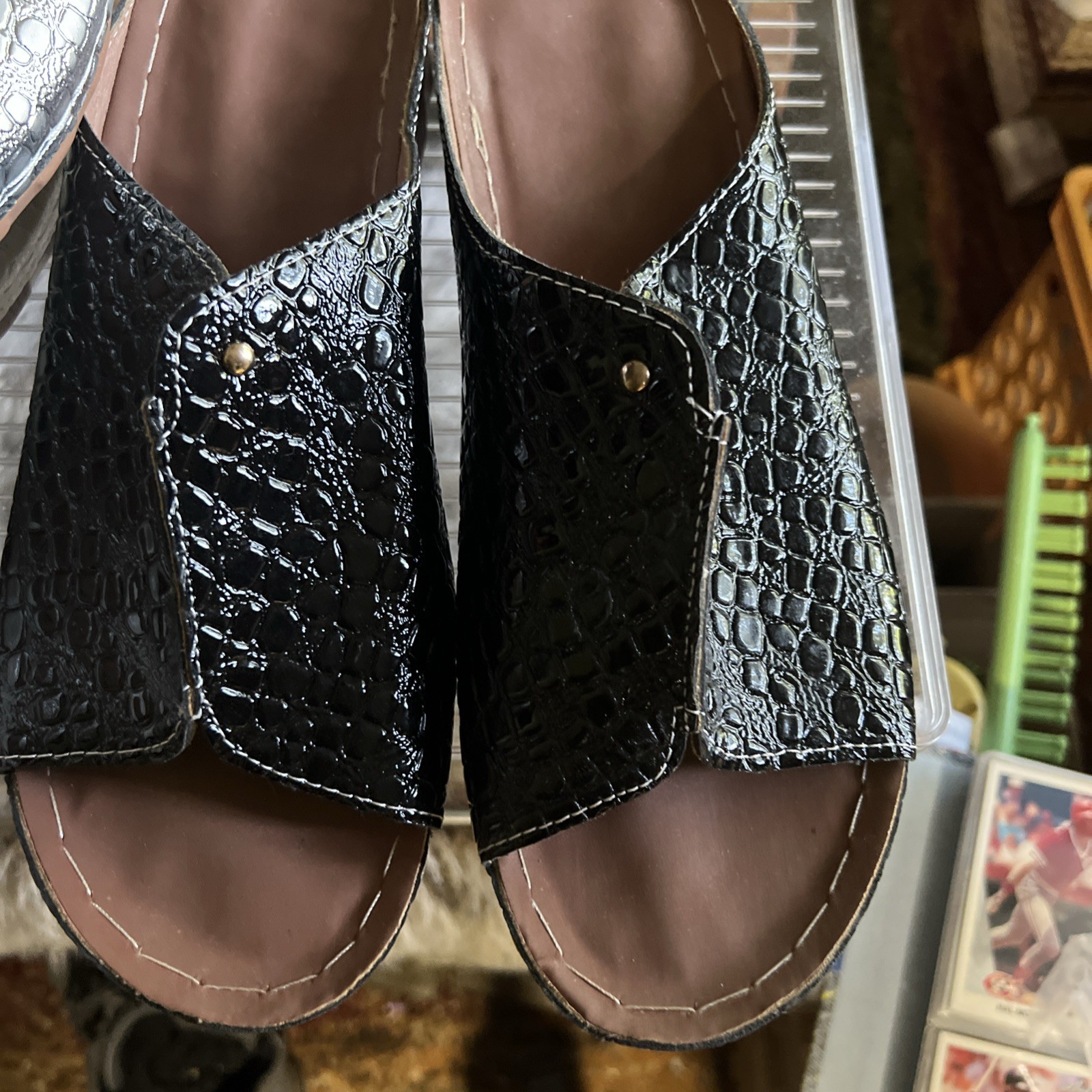 Three pair lot shiny silver black white Patent Finish Women’s Sandles 9 croc