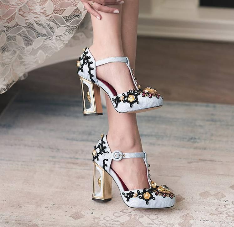 Womens Rhinestone Round Toe Block Heel Embroidered High Heel Wedding Shoes Hot