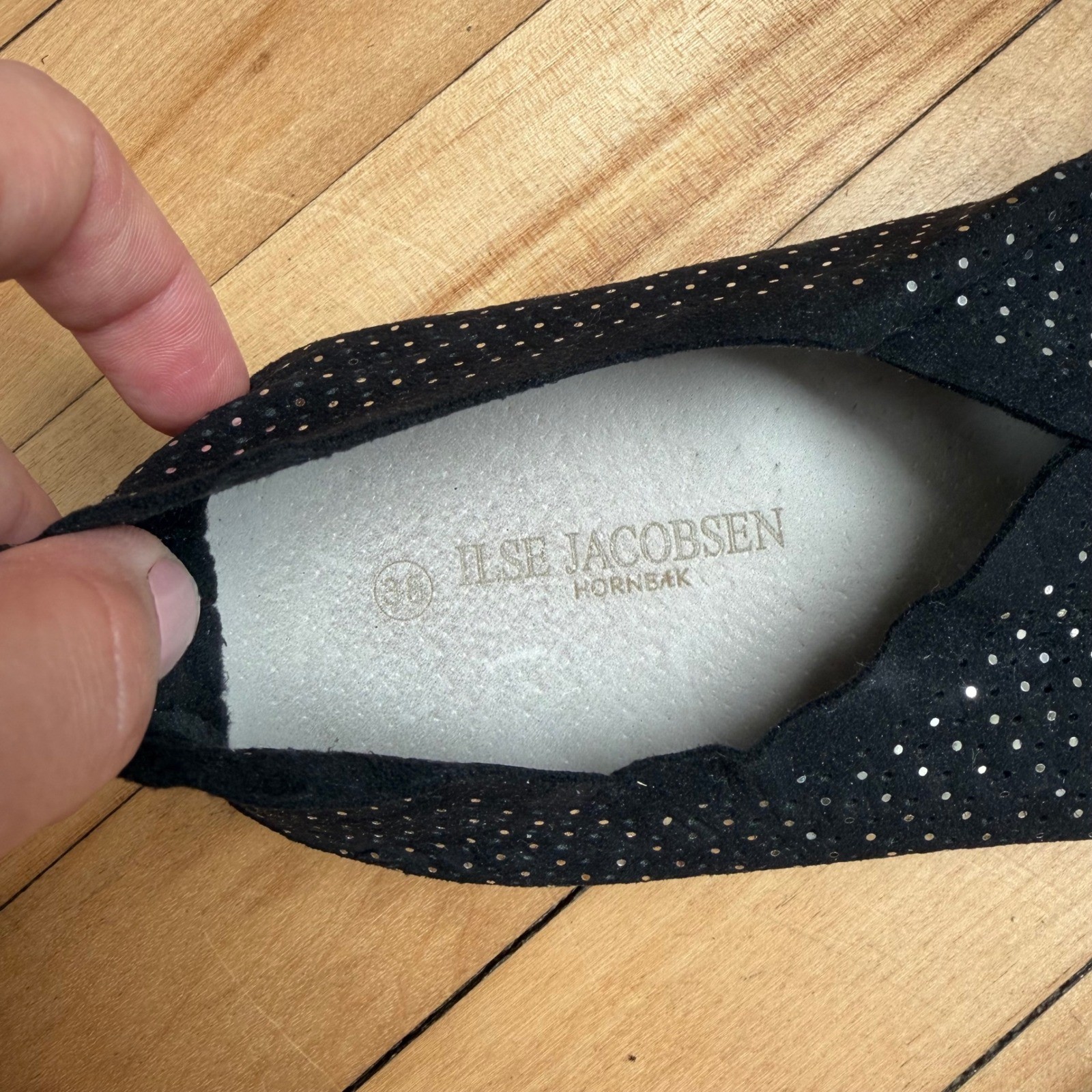 Ilse Jacobsen Tulip 139 Black Glitter Perforated Slip On Loafers Size 36