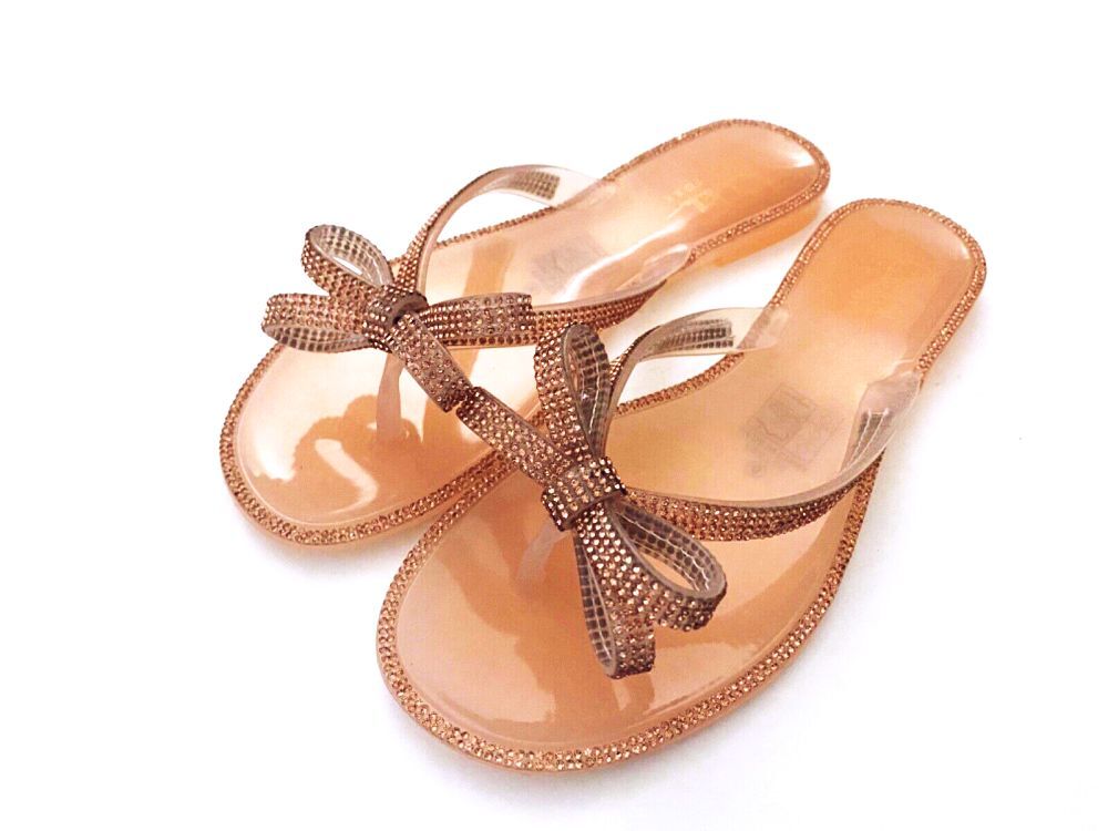 NICOLE MILLER FESTES SANDALS FLIP FLOPS ROSE GOLD JELLY RHINESTONE SPARKLE New