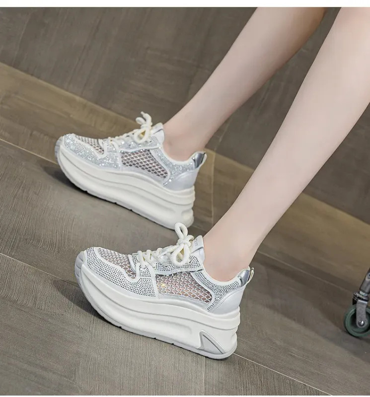 7cm Air Mesh Microfiber Leather Chunky Sneaker Shoes Women Platform Wedge Comfy
