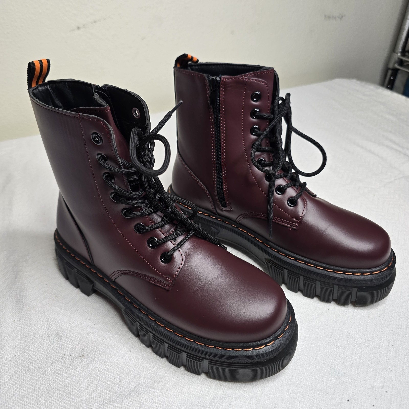 Women’s Burgundy Combat Ankle Boots Lace Up Side Zip Round Toe NELLY-1 Size 10