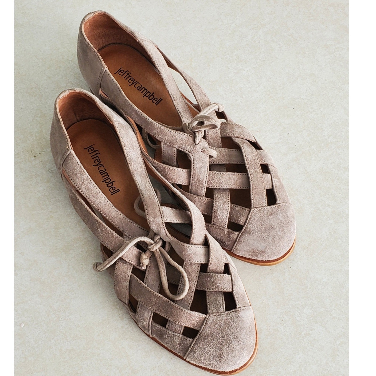 Jeffrey Campbell Canela Flats Taupe Suede Woven Huarache Sandals Size 6.5 Boho